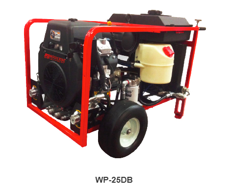 Image: Compact and efficient red Dual Circuit Gas Hydraulic Power Pack for portable hydraulic power in tight spaces.