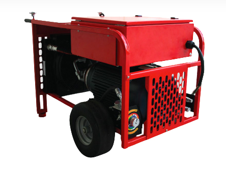 Image: Red Small Frame Electric Hydraulic Power Pack with two tires and motor, ideal for portable and efficient hydraulic operations.