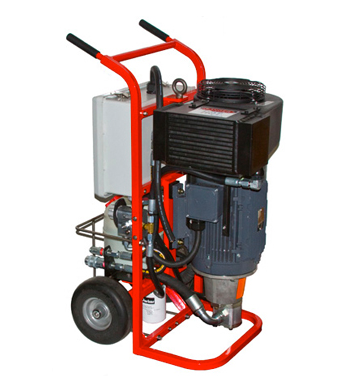 Image: Red vertical electric hydraulic power pack, compact and portable, designed for indoor applications.